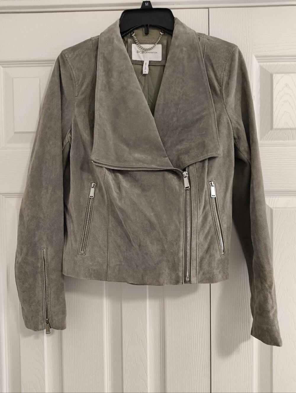 BCBG Women's Suede Gray Leather Moto Jacket EUC